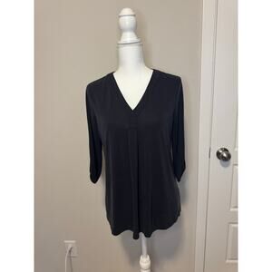 ADRIANNA PAPELL Size Small Mid Length Sleeve V-Neck Blouse Navy